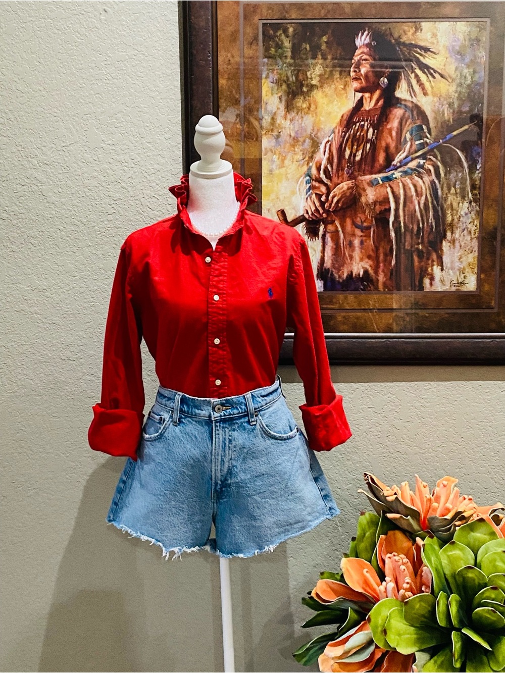 REWORKED Ralph Lauren Red Ruffle-Collar Cotton Button-Down Top - Picture 2 of 5